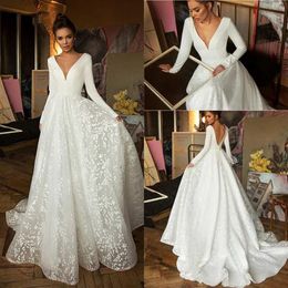 Boho Beach White Stain Tulle A Line Wedding Dress Sexy Deep V Neck Bride Wedding Gown Long Sleeves Backless Bridal Dress vestido d248S