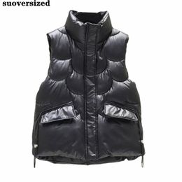 Waistcoats Fall Winter Glossy Cotton Padded Slim Vest Women Warm Gilets Sleeveless Jackets Waterproof Waistcoat Casual Stand Collar Outwear