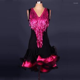 Stage Wear V-neck Sequins Tassel Latin Dance Clothing Adult Performance Competition Dress Women For Girls Fringe