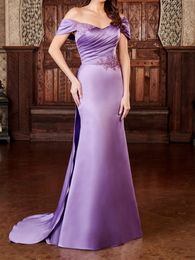 Purple Evening Dresses Mermaid Prom Gowns Off the Shoulder Applique with Beads Overlay Sweep Train