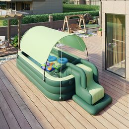 Sand Play Water Fun Inflatable Kid Swimming Pool with Awning Thicken PVC Large Children's Paddling Slide Outdoor Pools for Family 230602