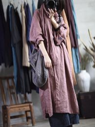 Dress Women Vintage Washed Linen V Neck Dress Ladies Loose Retro Robe Flax Dress Female 2023 Spring Autumn Linen Dress