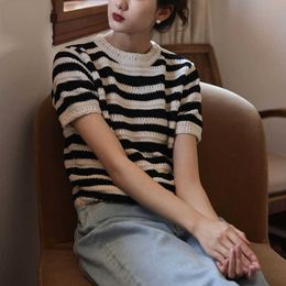 T-Shirt Summer Short Sleeve Black and White Stripe Knitted Korean Fashion Casual O-Neck T-shirt Crop Top Women's P230602