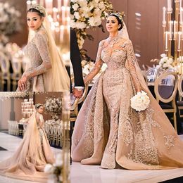 Modest High Collar Long Sleeve Mermaid Wedding Dresses With Detachable Train Lace Applique Wedding Gowns Crystal robe de mariee319A