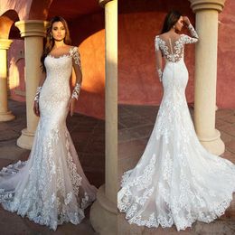 Sexy Mermaid Wedding Dresses Sheer Neck Long Sleeves Appliqued Lace Bride Dress Illusion Wedding Gowns robe de mariee3016