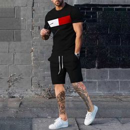 Tracksuits Men's patched work clothes short sleeved fitness home T-shirt+pants 2-piece outdoor men's track and field clothing summer casual set P230605 nice