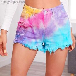 Women's Shorts Cotton Tie Dye Print Hole Denim Shorts Women Mid Waist With Tassel Streetwear Elastic Bottoms Sexy Hollow Out Skinny Jean Shorts T230603