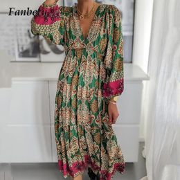 Dress Vintage Women Graphic Print Spring Dress Boho V Neck Long Sleeve Waisted Long Dress Casual Ladies Pleated Beach Dress Vestidos