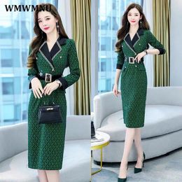 Dress Office Lady Elegant Slim Print Praty Dress Women Vintage Notched Collar Belt Balzer Dresses Korean Kneelength Vestido De Festa