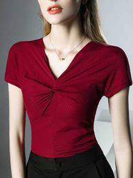 T-Shirt Twisted V-neck Women's Split Mesh T-shirt Short Sleeve Plain Tshirt Basic High Neck Slim Tees P230602