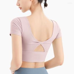 Active Shirts Chest Pad Women Yoga T-Shirts Short Sleeve Fitness Gym Crop Tops Hollow Out Workout Running Sportswear Clothing Ropa Deportiva