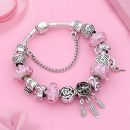 Charm Bracelets Pink Flower Crystal Bead Silver Color Dream Catcher Heart Key Bracelet