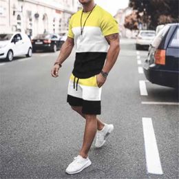 Tracksuits Men's summer patch work track set new casual short sleeved T-shirt+shorts 2-piece men's sportswear P230605 good