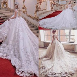 2021 Luxurious Ball Gown Wedding Dresses Jewel Neck 3D Handmade Flowers Beaded Long Chapel Train Bridal Gowns Plus Size Vestidos A240W