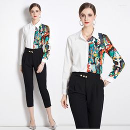 Women's Blouses 2023 Spring/Summer Waist Fit Fashion White Top Printed Long Sleeve Single Row Multi Button Polo Elegant Shirt