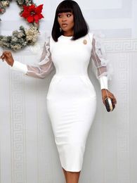Dress White Dress O Neck Transparent Mesh Long Sleeve Ruffle Women Elegant Office Lady Work Wear Modest Classy Female African Fashion