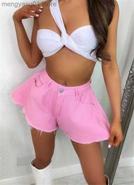 Women's Shorts Fashion Summer Women Loose Style Shorts Solid Colour Mid Waist Denim Cloth Flared Shorts Pink Grey White Casual Street Style S-XL T230603