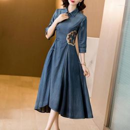 Casual Dresses Chinese Ethnic Style Improved Edition Denim Dress Female 2023 Summer Slim Temperament Embroidered Long Women Clothing