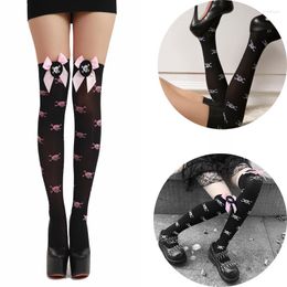 Women Socks Gothic Bow Skull Printed Stockings Dark Sexy Long Thigh High Halloween Cosplay Accessories