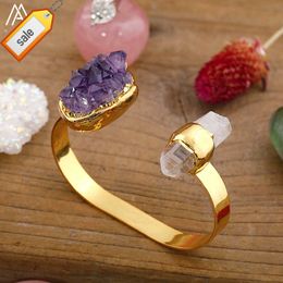 Exaggerated Bangle Gold Jewelry Raw Crystals Natural Stone Pearl healing Bangles Open Cuff Bracelets