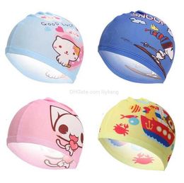 18 style Cartoon boy girl beach swim cap cloth fabric kids water sport hat hot baby bath caps wholesale