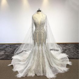 Sexy See Through Crystal Beaded Mermiad Wedding Dress With Feathers Luxury Sparkly Plus Size Dubai Bridal Gown Custom Made265A