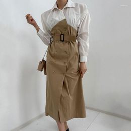 Casual Dresses Korean For Women 2023 Office Lady Patchwork Dress Spring Summer Elegant Double Breasted Vestidos Belt Drop