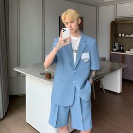 Men's Suits Summer Short Sleeve Button Suit Jacket Casual Shorts Men Clothing Korean Loose Solid Color Two-piece Set Male