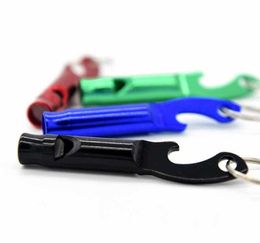 multifunction portable mini aluminium alloy bottle opener whistle outdoor hiking camping survival metal whistle Gadgets keychian tool