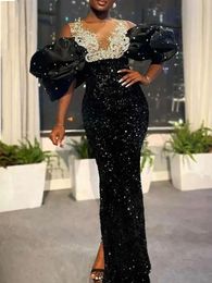 Dresses Long Black Evening Dresses for Women Bare Shoulder Embroidery Beaded Puff Sleeve Veet Sequin Dress Party Dinner Gowns