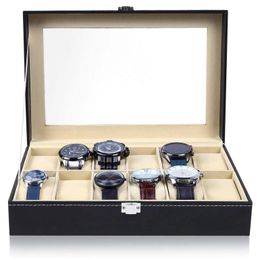 Watch Boxes Cases 6/10/12 Grids Leather Watch Box Display Case Holder Black Storage Box Glass Jewellery Organiser for Men Women Gift Box 230602