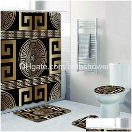 Shower Curtains Luxury Black 3D Gold Greek Key Meander Bathroom Curtain Set For Modern Geometric Ornate Bath Rug Decor 220117 Drop D Dhjud