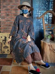 Dresses Johnature Women Vintage Linen Print Floral Dress Oneck Button Robes 2023 Autumn New Bat Sleeve Chinese Style Female Loose Dress