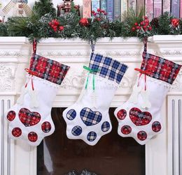Christmas decoration dog paw print socks XMAS tree hanging stocking pendant kids gifts candy storage bags Home festival Party Pendant socks
