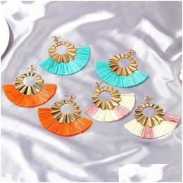 Dangle Chandelier European And American Retro Exaggerated Hit Colour Origami Earrings Bohemian Fanshaped Tassel Female Autumn Winte Dh4Sd