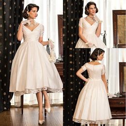 A-line Princess V-neck Tea-length Taffeta Wedding Dress Short Sleeve Short Beach Style Bridal Wedding Gowns3002