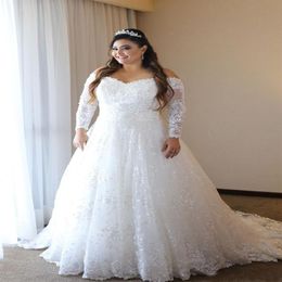 2021 Long Sleeve Plus Size Wedding Dresses Off Shoulder Sparkly Sequined Appliques Lace A Line See Through Back Bridal Gowns Custo307o