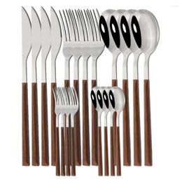 Dinnerware Sets 20Pcs Silver Wooden Handle Western Tableware Set Stainless Steel Cutlery Knife Fork Spoon Teaspoon Dinner