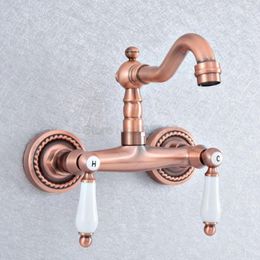 Bathroom Sink Faucets Antique Red Copper Brass Wall Mounted Two Handles Levers Kitchen Faucet Mixer Tap Swivel Spout Tsf848