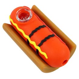 Latest Cool Colourful Hand Silicone Pipes Portable Hot Dog Style Glass Philtre Spoon Bowl Herb Tobacco Cigarette Holder Hookah Waterpipe Bong Smoking Tube