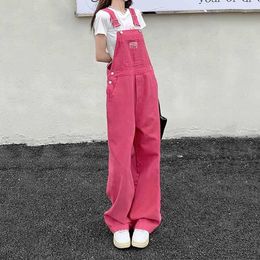 Jeans Rose Pink Denim Suspenders Pants Women Summer Loose Wide Leg Pants 2022 New Cool Salt Net Red Fried Street Pants