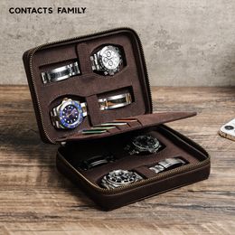 Watch Boxes Cases Retro Crazy-horse Leather Watch Box Zipper Handmade Rectangular Four-pack Outdoor Travel Holder Multi-card Watch Storage Box 230603