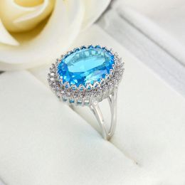 Cluster Rings Luxury Female Light Blue CZ Stone Ring Silver Color Filled Jewelry Vintage Wedding Band Promise For Women