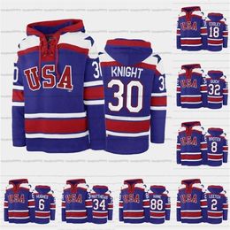 C2604 A3740 Custom USA Hockey Team Lace-Up Relate Hoodie 34 Auston Matthews 6 Jack Hughes 88 Patrick Kane 30 Spencer Knight 32 Jonathan Quick 2 Brian