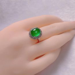 Cluster Rings Natural Full Diamond Green Chalcedony Ring Chinese Jadeite Charm Jewellery Hand Carved Fashion Accessories For Women Men