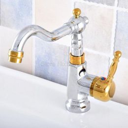 Bathroom Sink Faucets Polished Chrome & Gold Colour Brass Vessel Faucet Single Handle Swivel Spout Mixer Tap Hole Tsf803