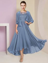 Two Piece A-Line Mother of the Bride Dress 2023 Wrap Included Vintage High Low Scoop Chiffon Lace Wedding Guest Party Gowns