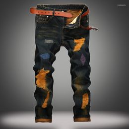 Men's Jeans Men Punk Denim Embroidered Ripped Skinny Colored Pants Man Classic Hole Rap Hip Hop Designer Jean Trousers