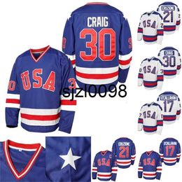 Sj98 Mens 1980 USA Miracle On Ice Hockey Jersey #17 Jack O'Callahan #21 Mike Eruzione #30 Jim Craig Hockey Jerseys S-XXXL In Stock Blue White