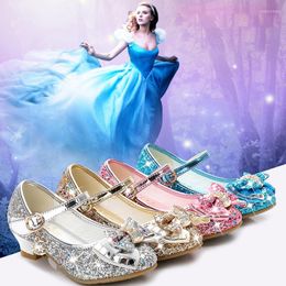 Flat Shoes Autumn 2023 Girl's Leather High Heels Princess Sequin Upper Bow Decoration Blue Pink Gold Children's Dance